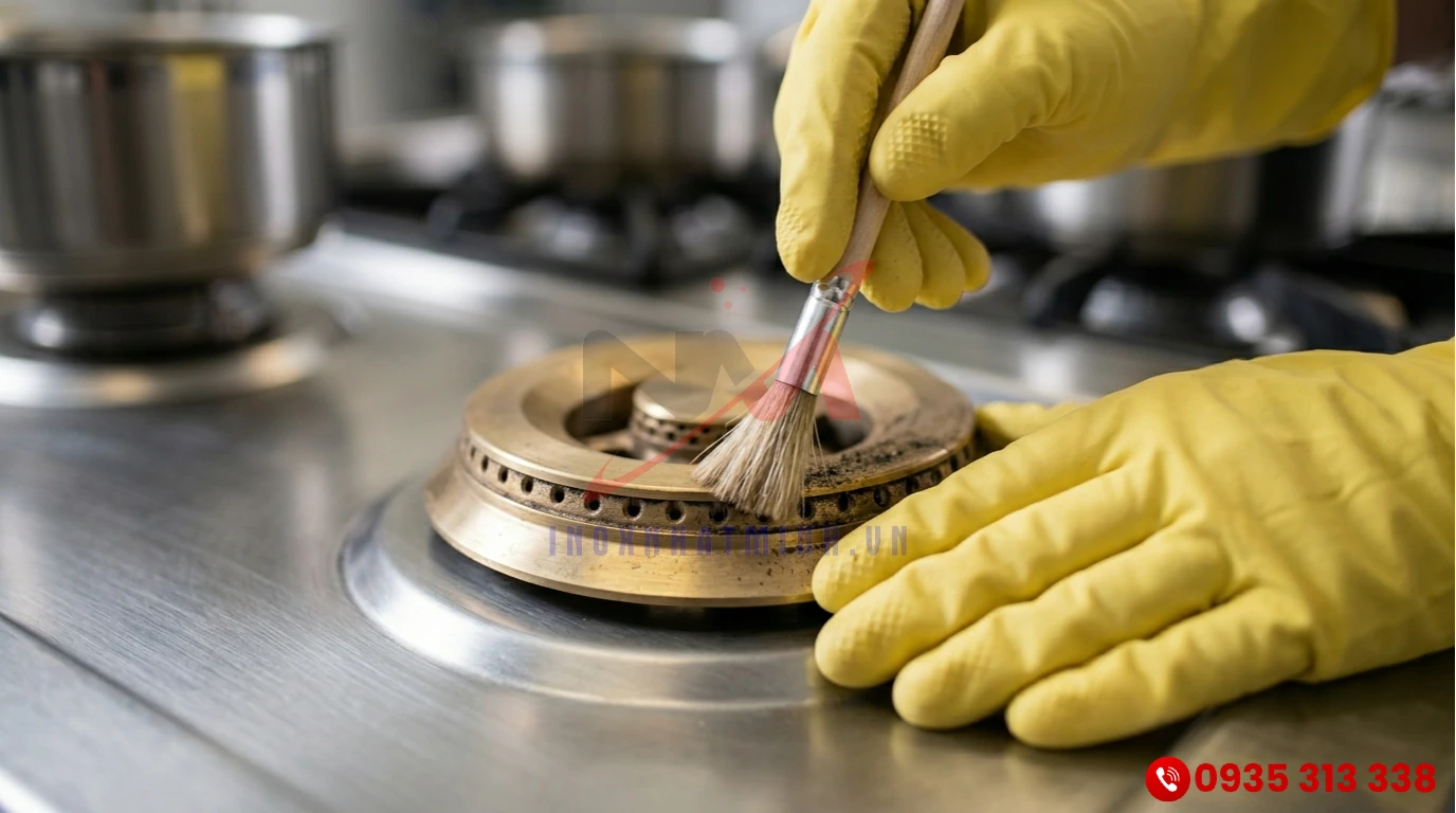 Nhân viên nhà bếp sử dụng bàn chải mềm để làm sạch mảng bám trên họng gas và vòng chia lửa của bếp âu công nghiệp