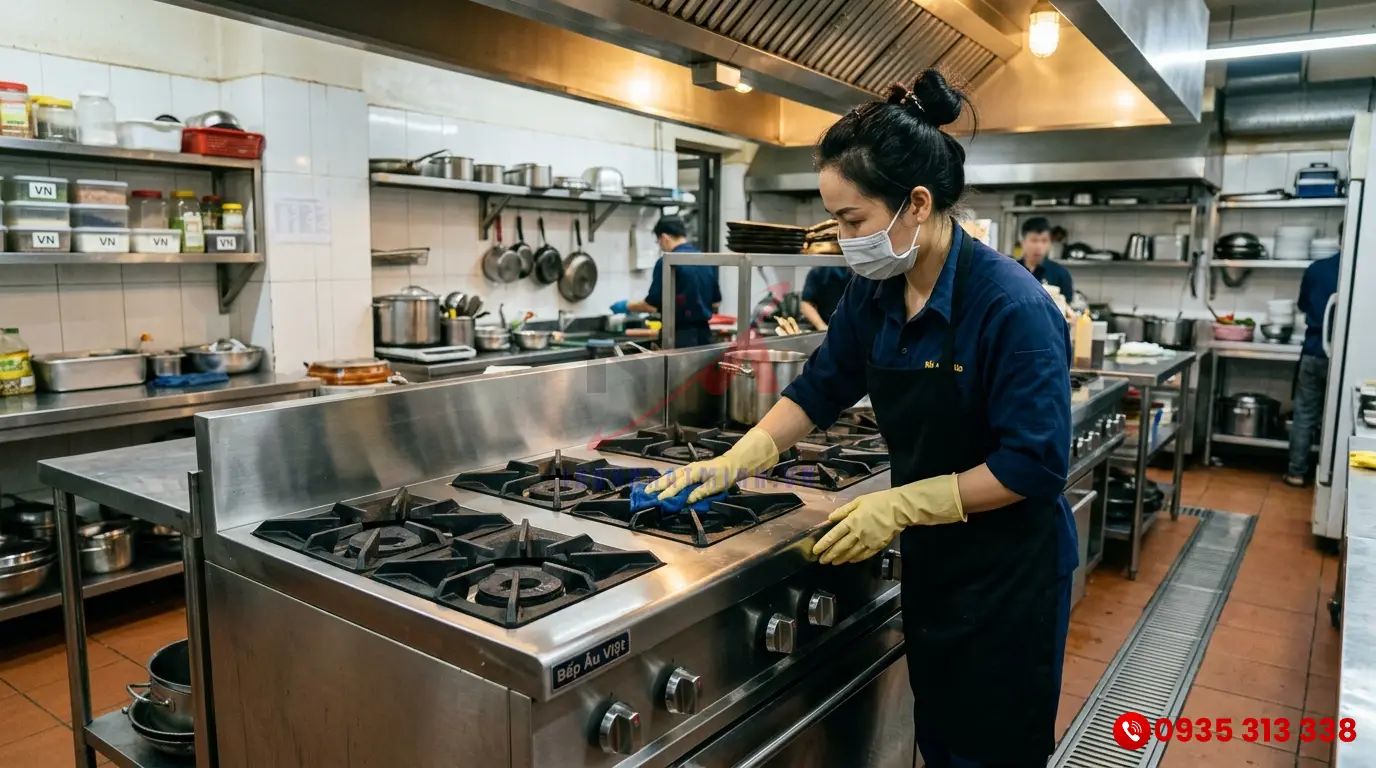 Nhân viên vệ sinh bếp Âu công nghiệp sau mỗi ca nấu
