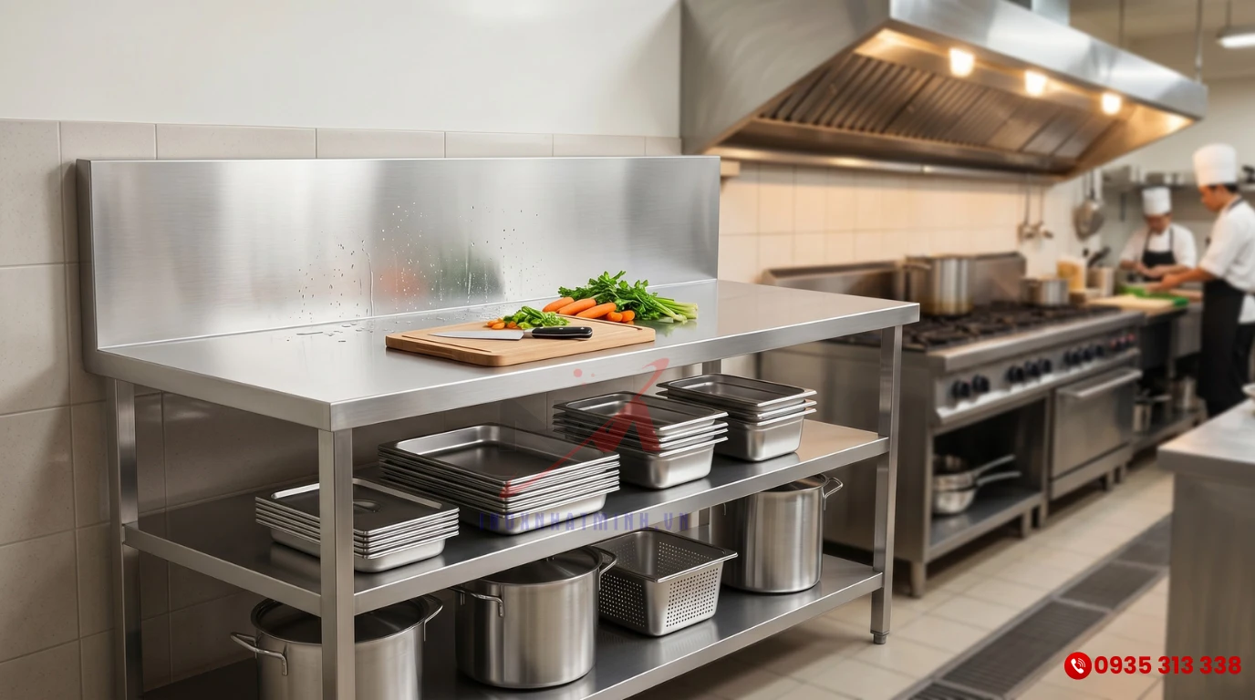 Bàn inox 3 tầng có gáy chống bẩn tường
