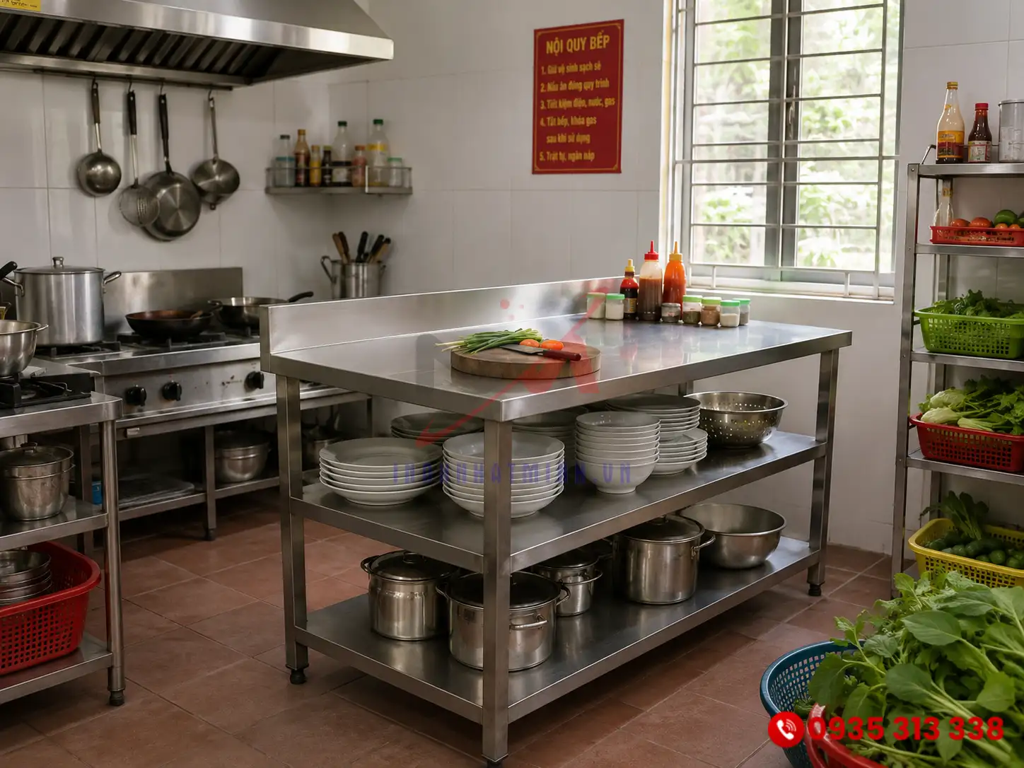 Vị trí đặt bàn inox 3 tầng có gáy