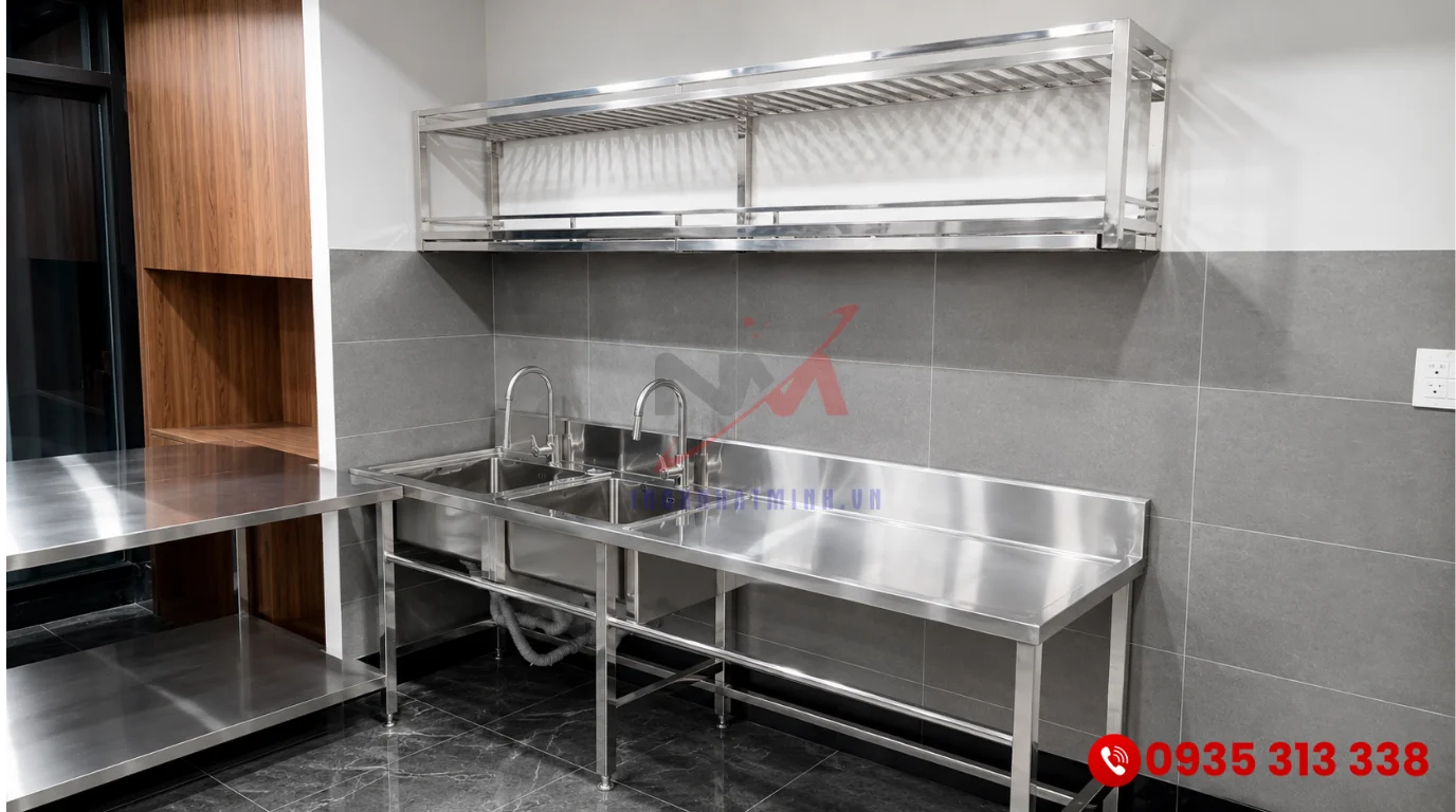 Khu vực sơ chế với chậu inox 2 ngăn có bàn chờ
