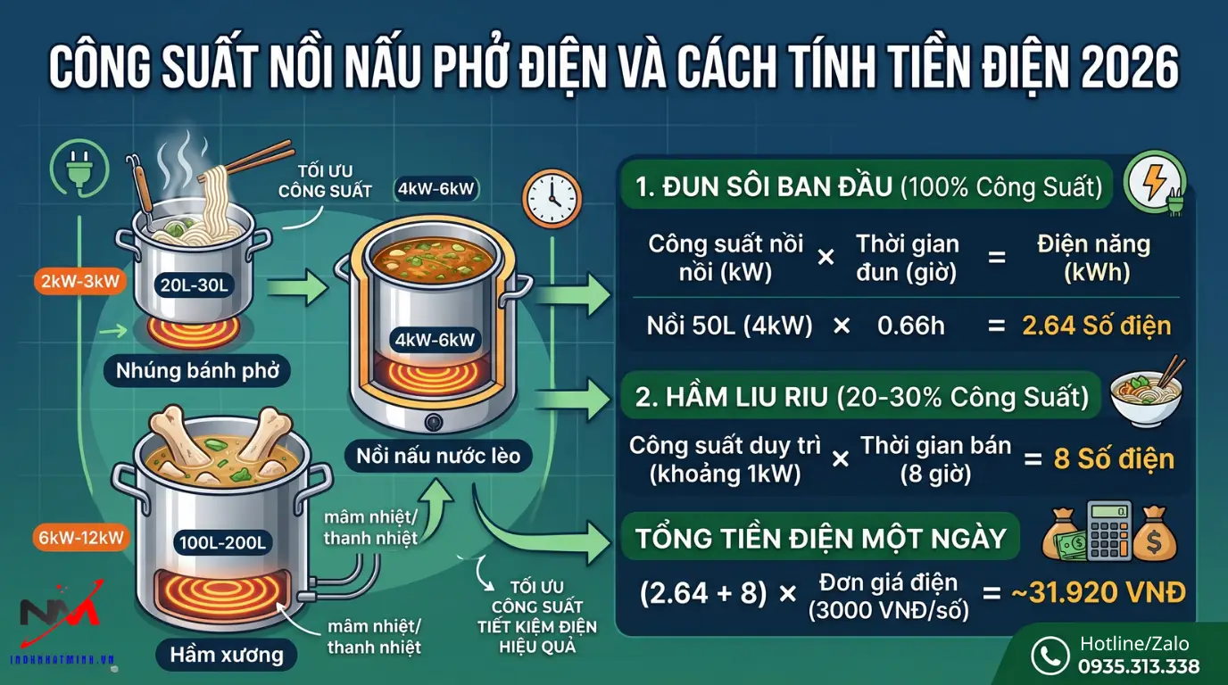 Công suất nồi nấu phở điện vá cách tính tiền điện