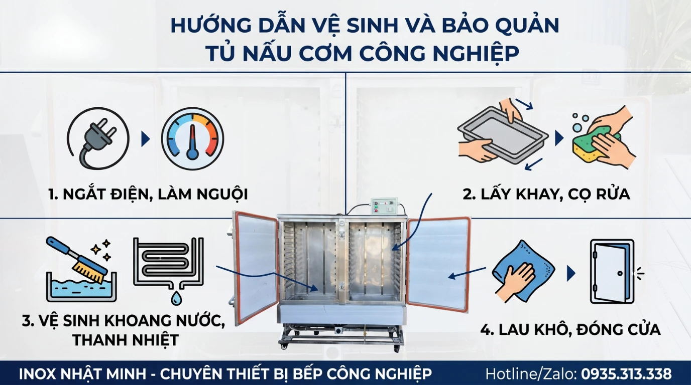 Hướng dẫn vệ sinh tủ nấu cơm công nghiệp