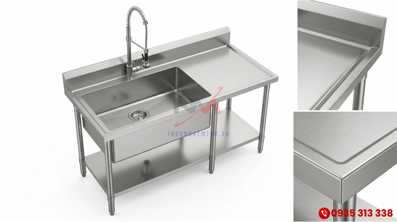 Chậu rửa inox 304 tích hợp bàn chờ tiện lợi