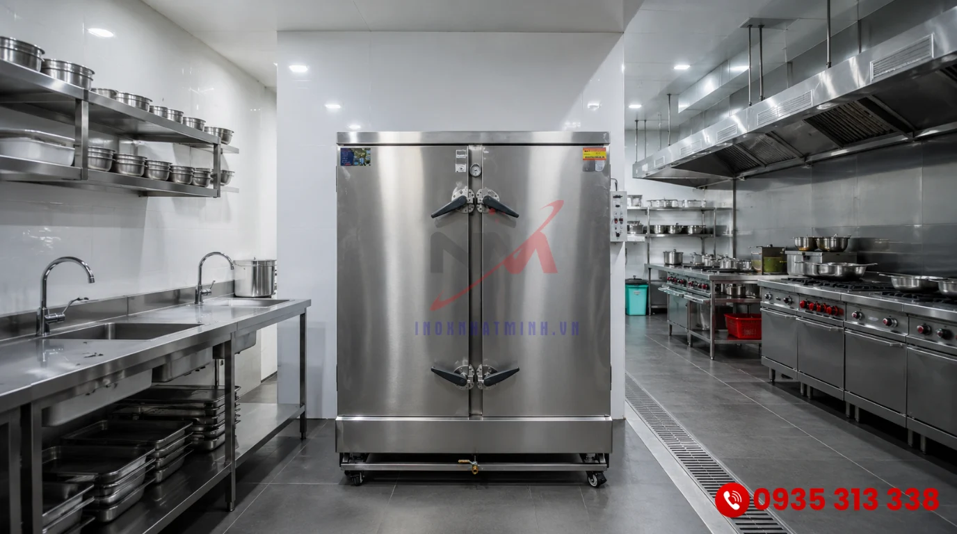 Toàn cảnh khu bếp vận hành công nghệ tủ hấp cơm tự động an toàn và hiện đại