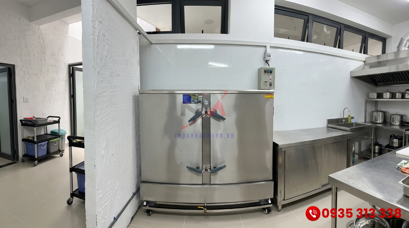Tủ nấu cơm công nghiệp inox 304 nguyên khối sáng bóng tại không gian bếp