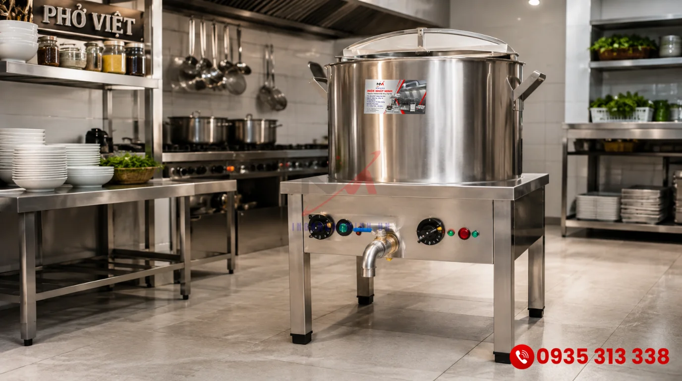 Cấu tạo chi tiết nồi nấu phở điện công nghiệp bằng inox 304 nguyên tấm