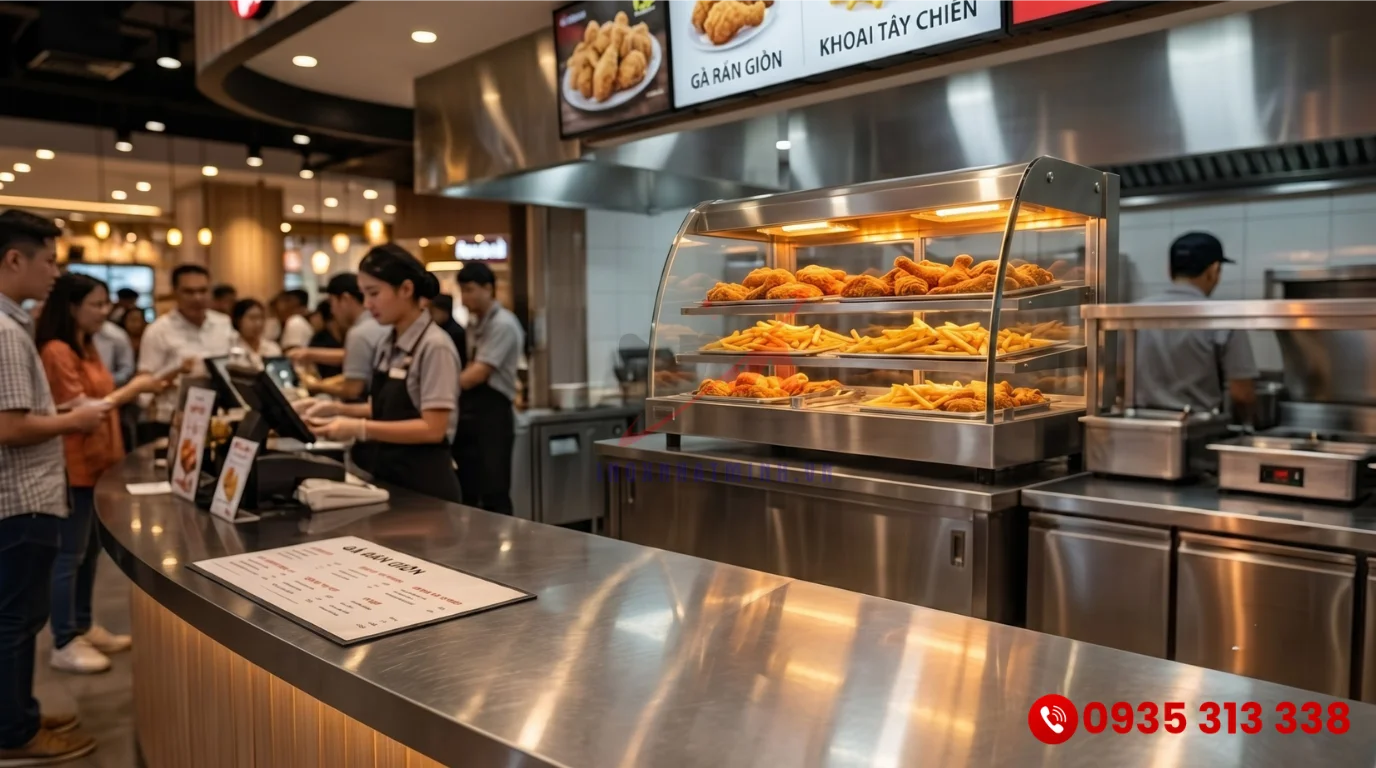 Quầy tủ giữ nóng kính cong trưng bày thực phẩm hấp dẫn
