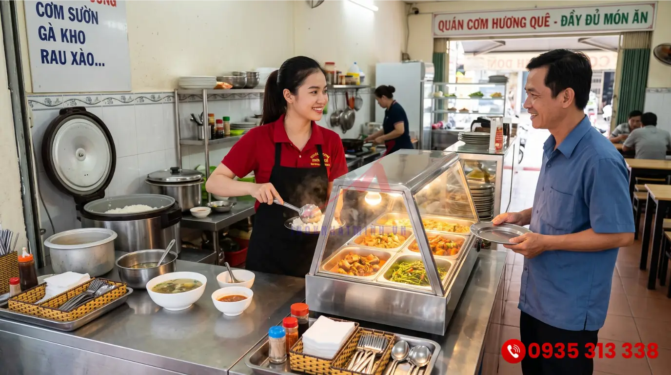 Báo giá tủ giữ nóng khay inox để bàn cho quán cơm bình dân