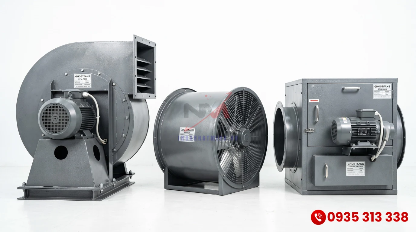 Các mẫu quạt hút mùi bếp nhà hàng phổ biến gồm dòng ly tâm, hướng trục và hộp nối ống