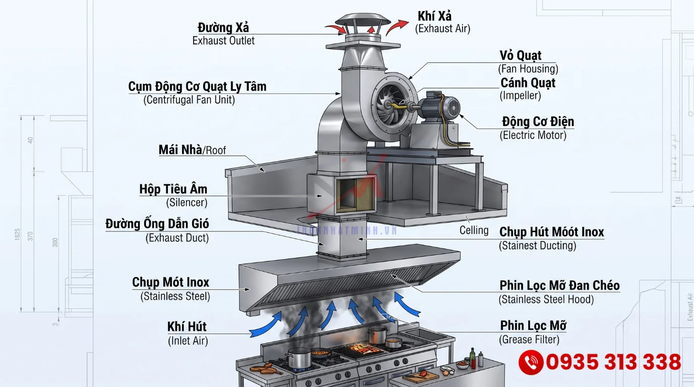 Bản vẽ 3D minh họa chi tiết cấu tạo hệ thống quạt hút khói bếp công nghiệp