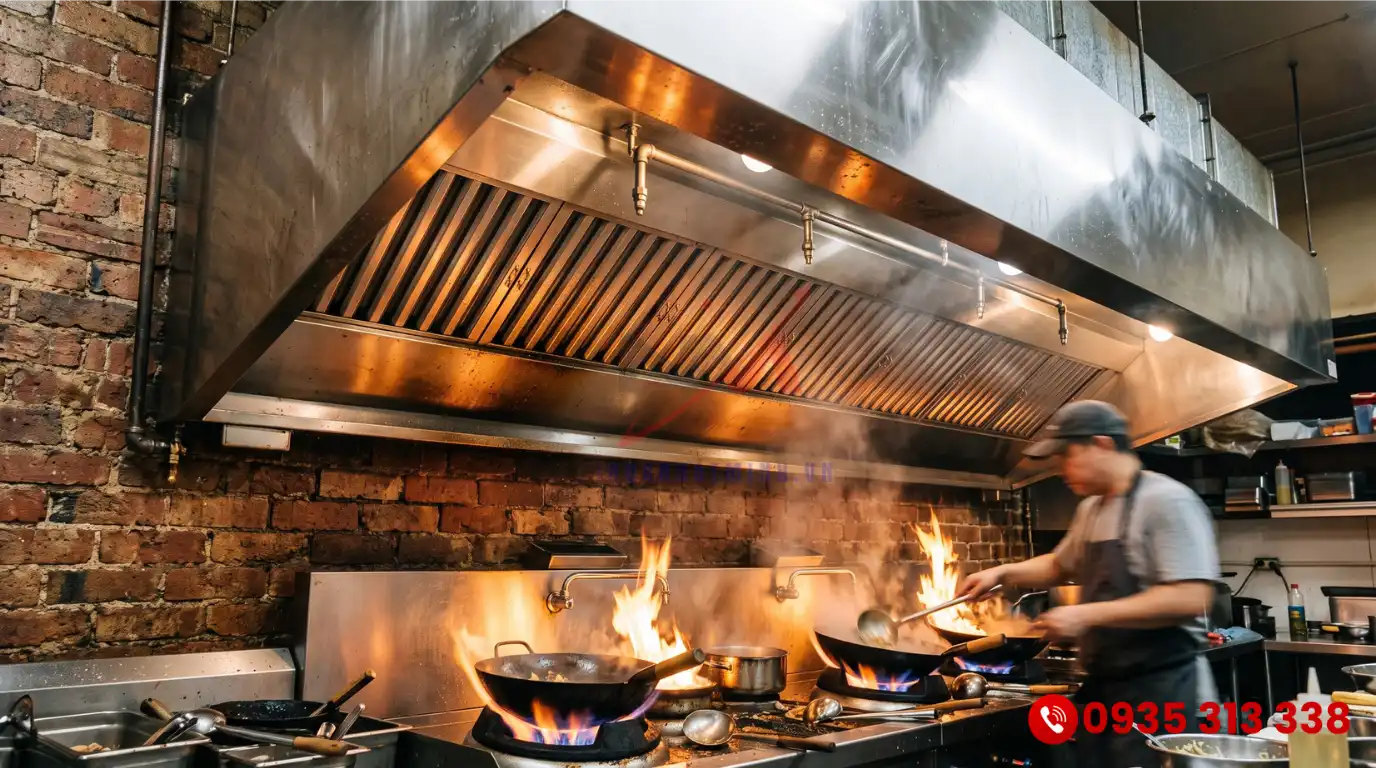 Chụp hút khói áp tường bằng inox lắp đặt sát vách tường trên dãy bếp Á