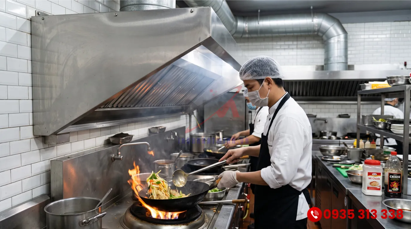 Thiết kế chụp hút khói vếch vát xéo lên trên giúp đầu bếp không bị cụng đầu