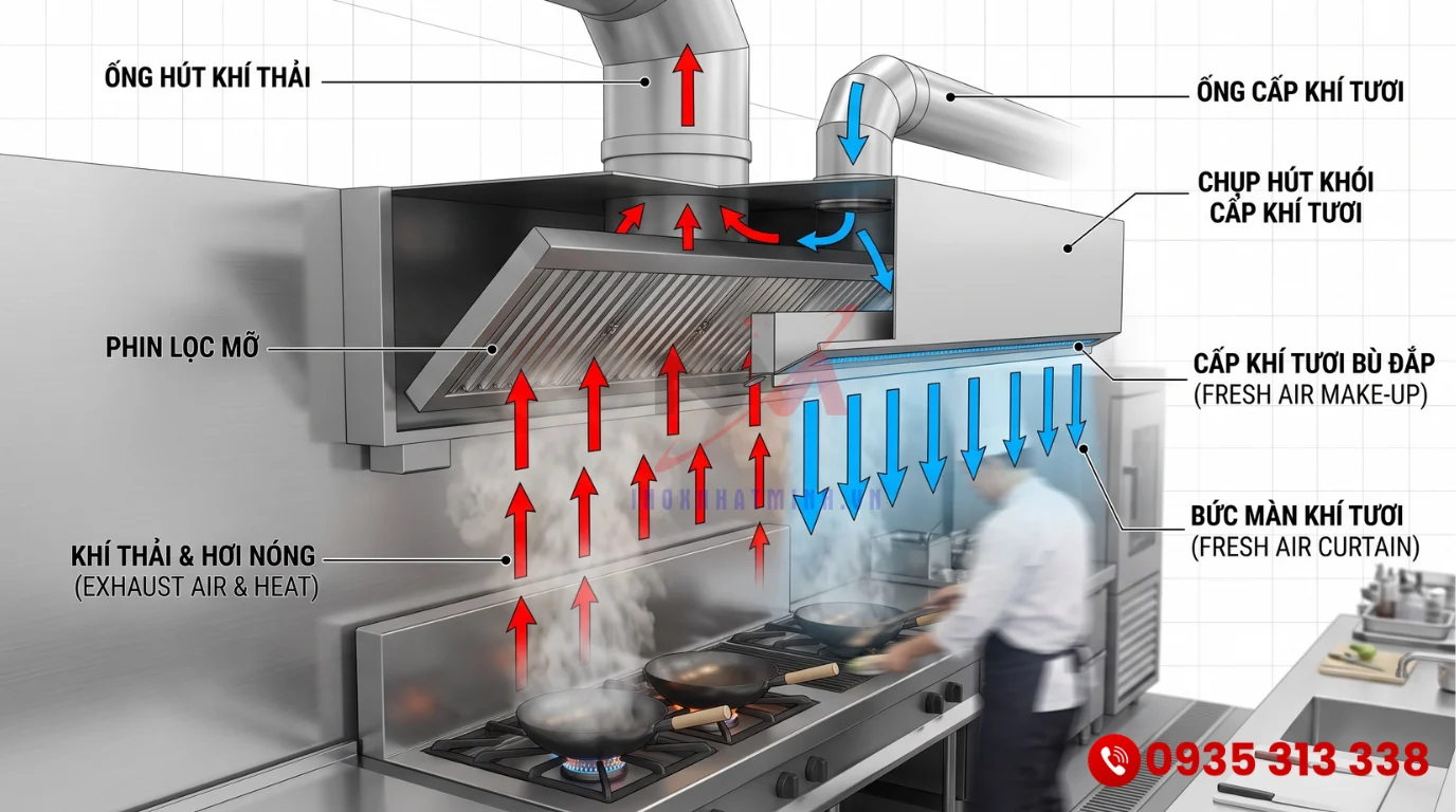 Bản vẽ mô phỏng nguyên lý hoạt động của chụp hút khói cấp khí tươi bù áp cho phòng kín