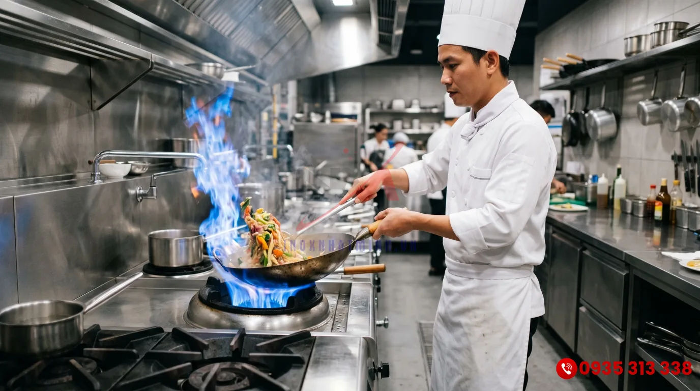 Đầu bếp sử dụng bếp khè công nghiệp an toàn và hiệu quả trong khu bếp nhà hàng chuyên nghiệp