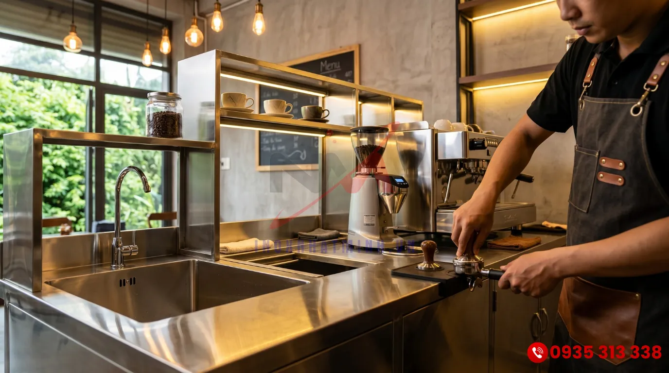 Quầy pha chế cafe inox 304 chuyên nghiệp dành cho không gian quán hiện đại