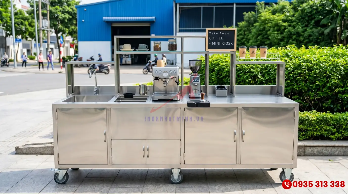 Mẫu tủ pha chế quán cafe take away nhỏ gọn có bánh xe di chuyển tiện lợi
