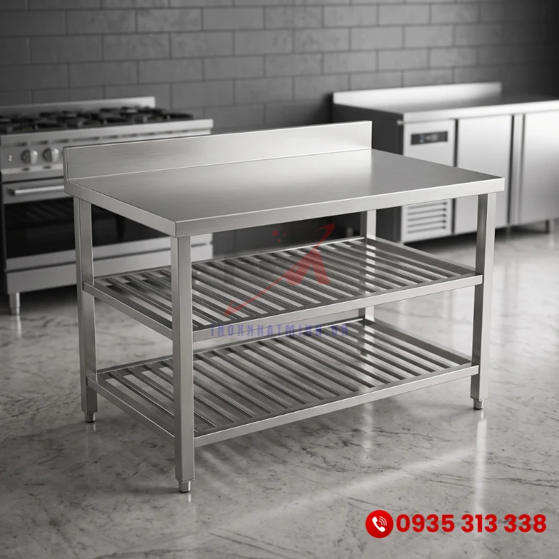 Bàn Inox công nghiệp 3 Tầng Có Gáy Và Kệ Song Dưới BE-NMBIN01