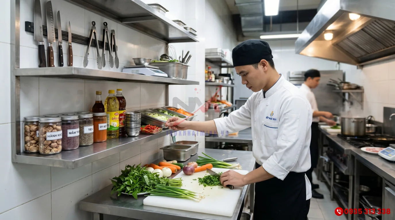 Đầu bếp thao tác nhanh gọn dưới kệ bếp inox treo tường 2 tầng