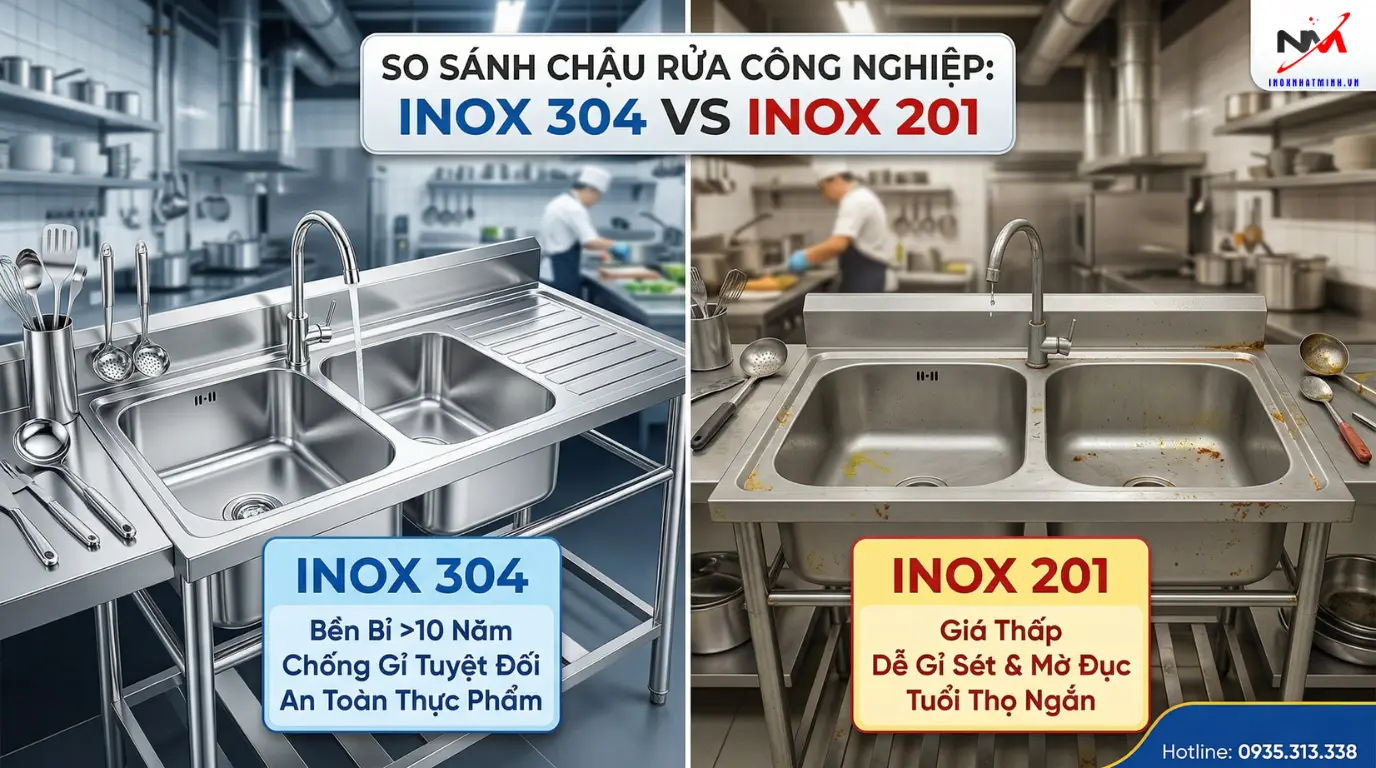So sánh chậu rửa công nghiệp inox 304 và 201
