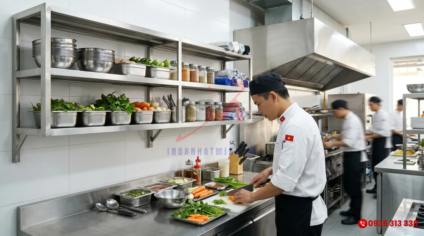 Không gian bếp sạch sẽ tối ưu nhờ kệ inox treo tường bếp công nghiệp