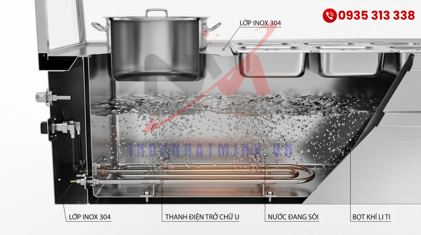 Bản vẽ 3D cấu tạo khoang nước và thanh nhiệt của tủ hâm nóng thức ăn
