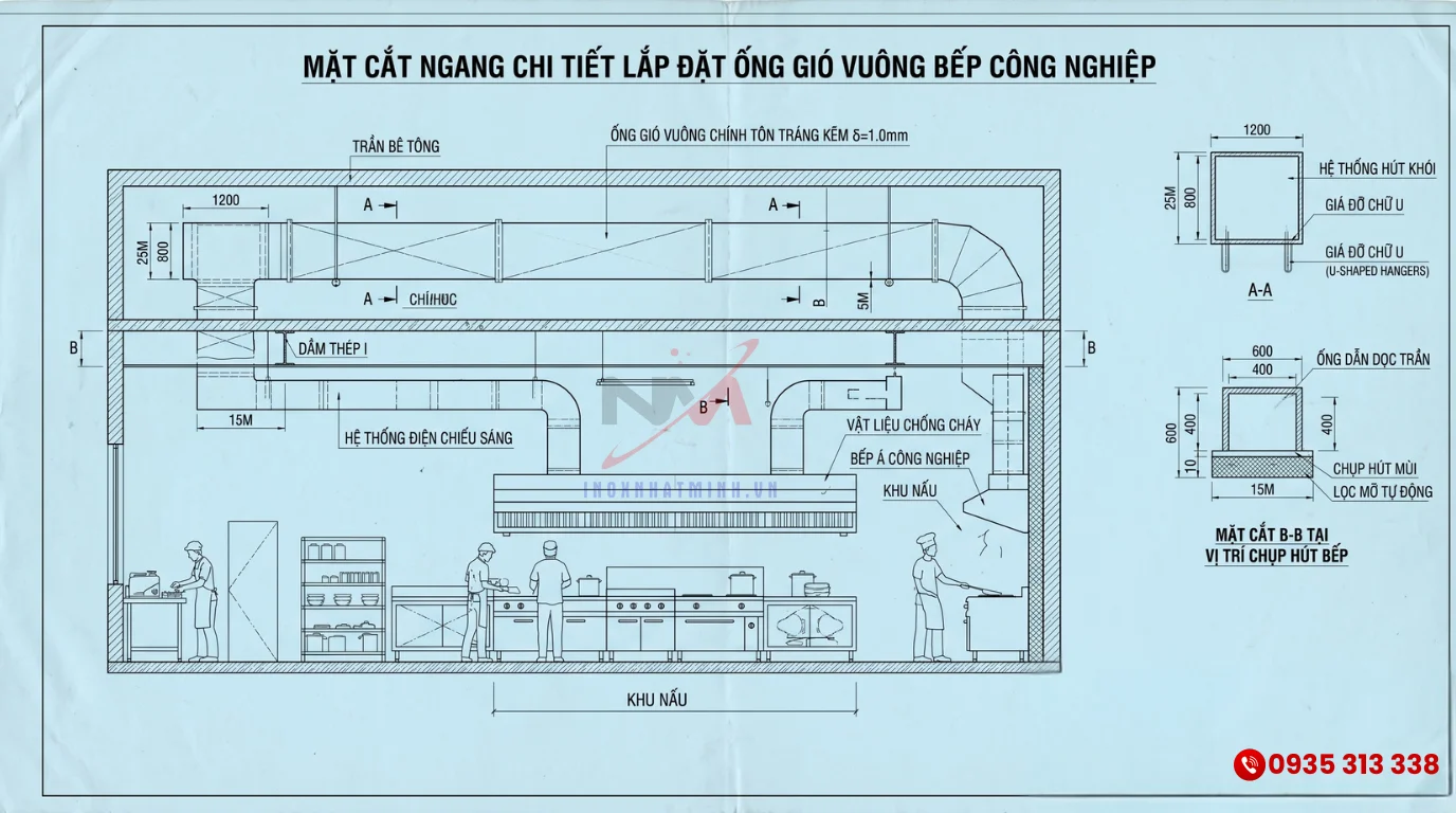 Bản vẽ mặt cắt ngang hiển thị chi tiết kích thước ống gió vuông hệ thống hút khói