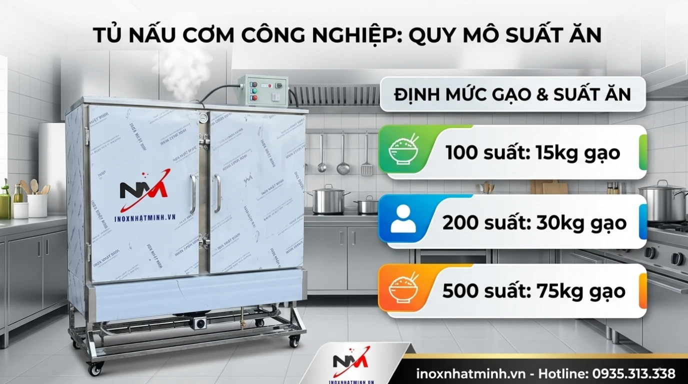 Bảng tính định mức gạo và số khay tủ nấu cơm công nghiệp