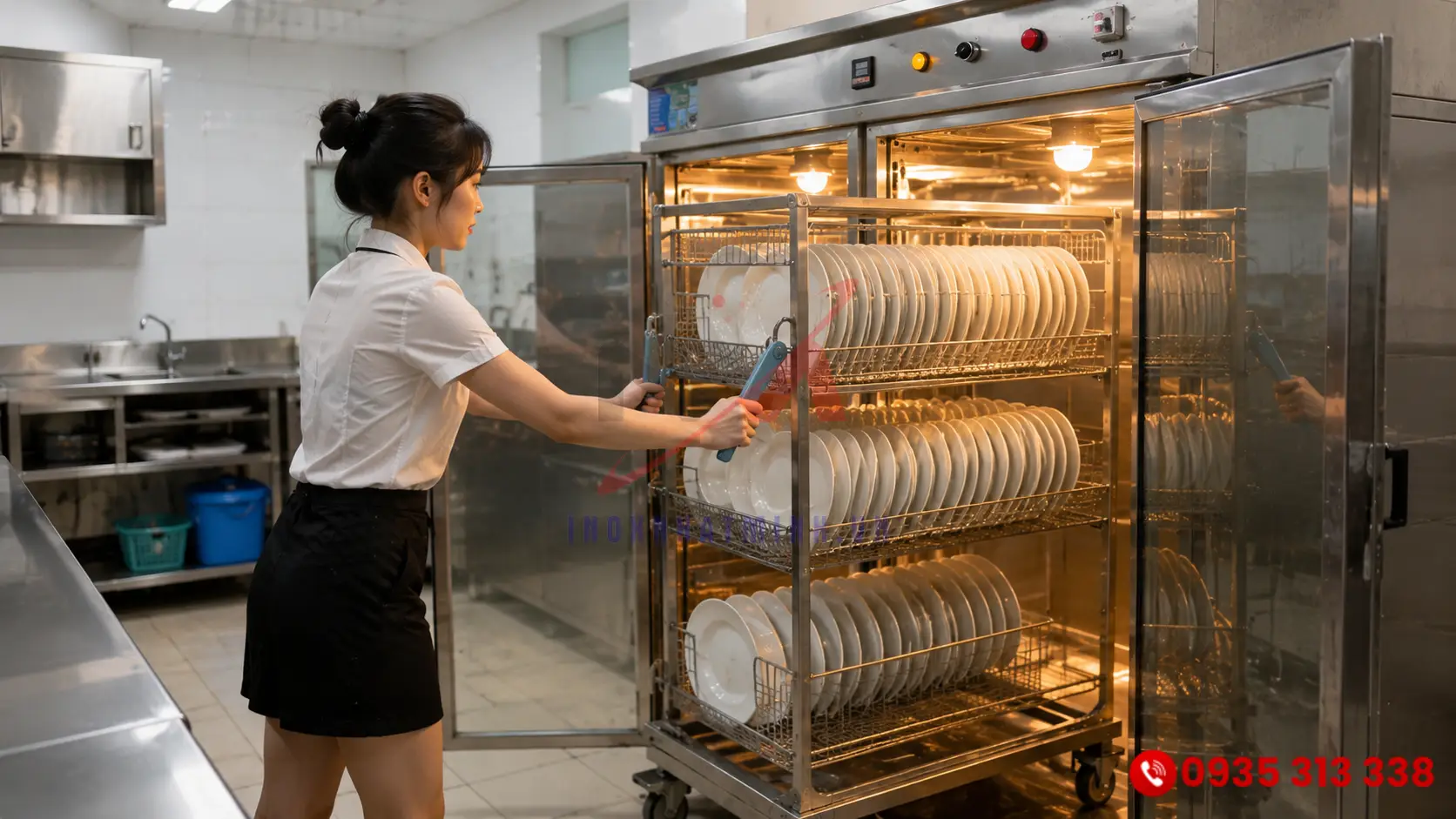 Nhân viên bếp đang sắp xếp xe đẩy khay vào tủ sấy đúng kỹ thuật