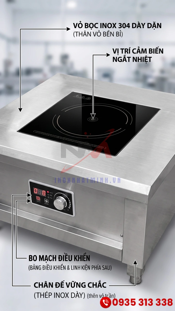 Hệ thống cảm biến ngắt nhiệt bếp hầm điện từ inox an toàn