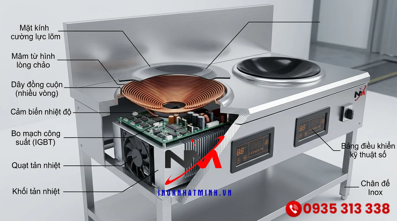 Cấu tạo mâm từ bằng đồng và nguyên lý hoạt động của bếp từ công nghiệp mặt lõm