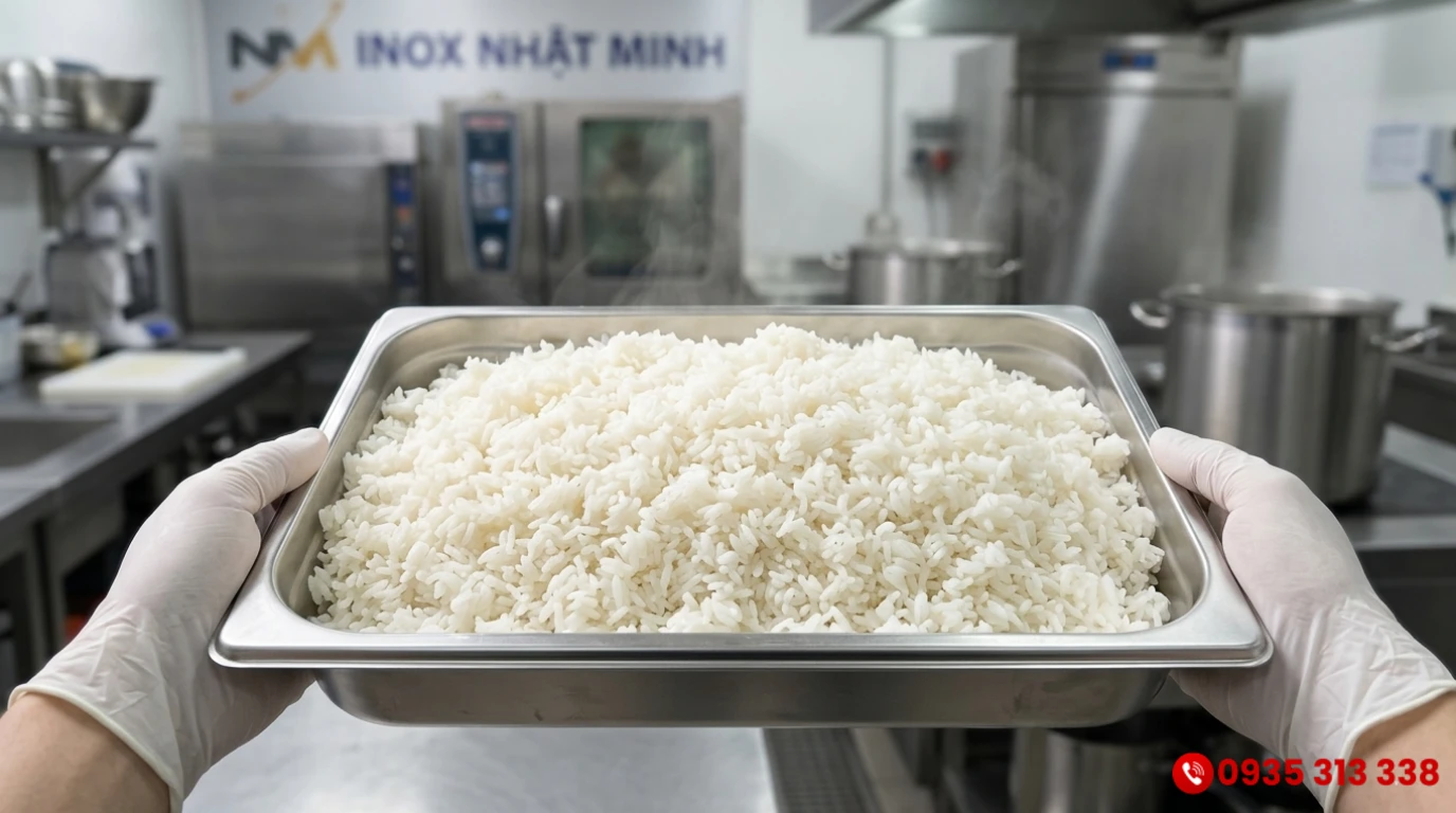 Khay inox tủ nấu cơm tiêu chuẩn chứa 4kg gạo