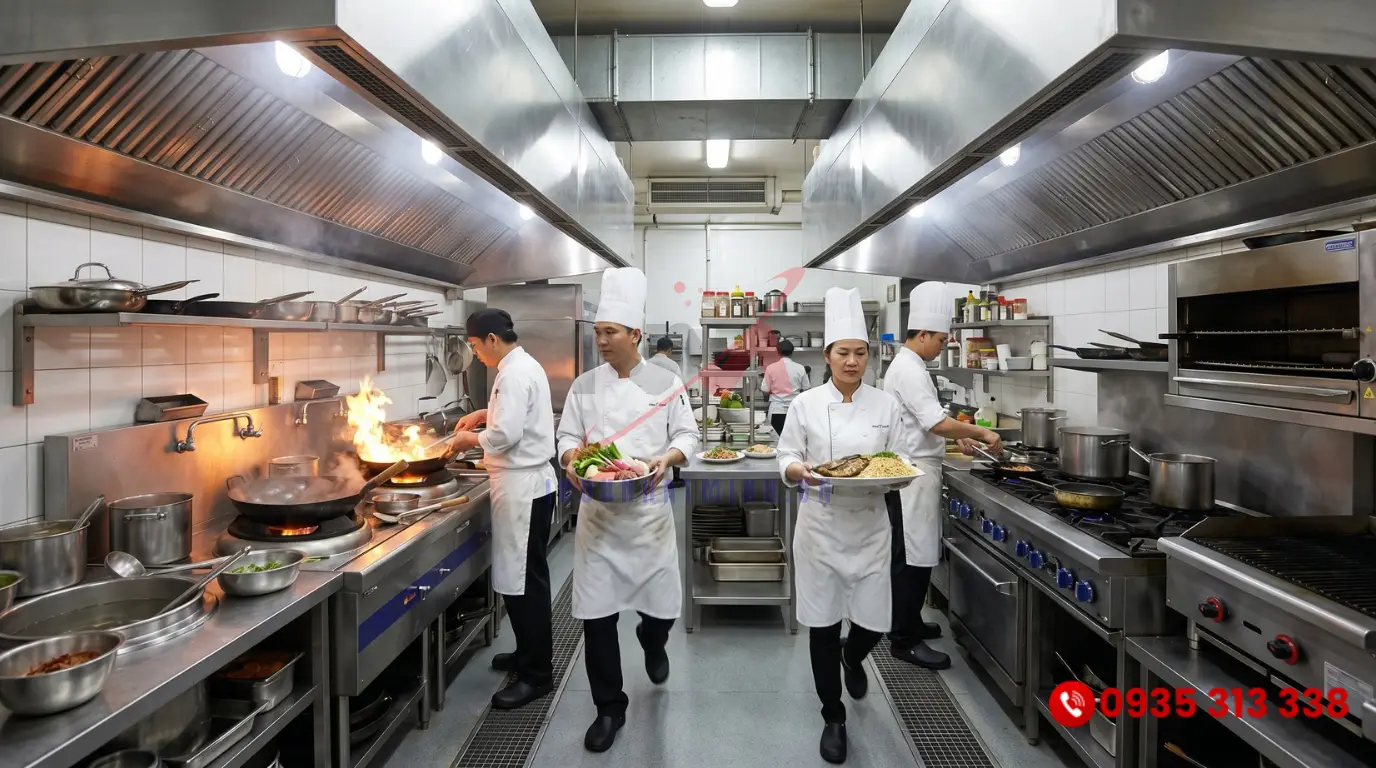 Lối đi trong bếp công nghiệp rộng rãi