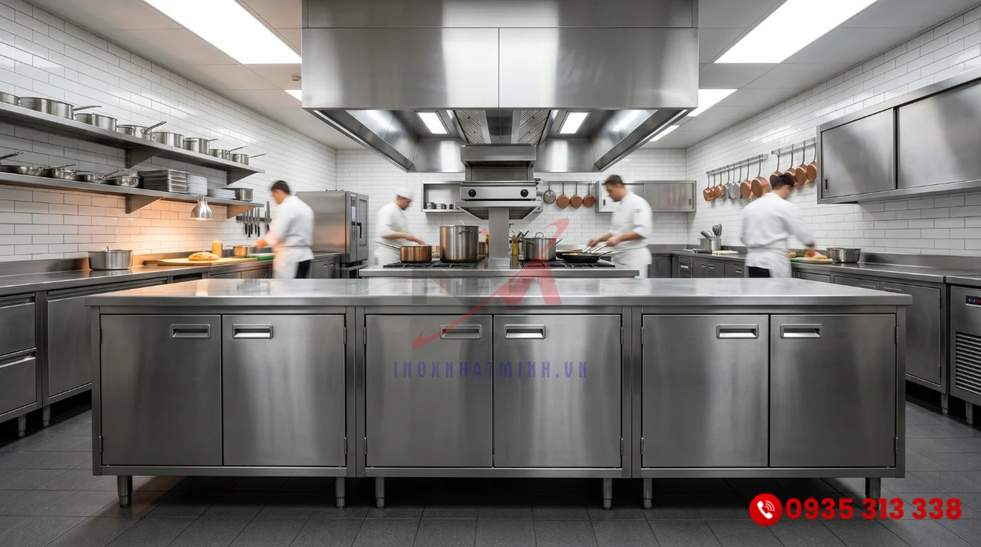 Mẫu tủ bếp inox 304 công nghiệp cao cấp trong không gian bếp nhà hàng