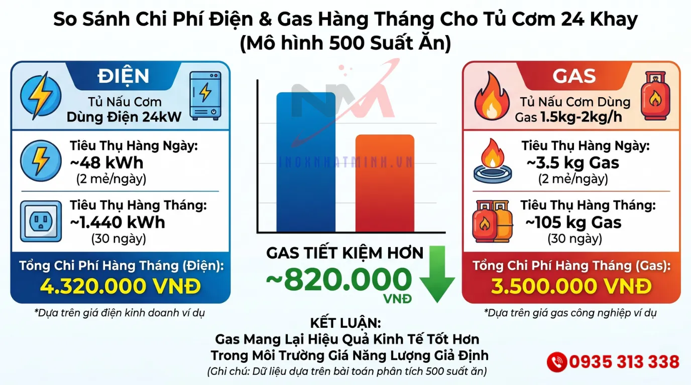 Bảng so sánh chi phí điện gas tủ cơm công nghiệp 24 khay