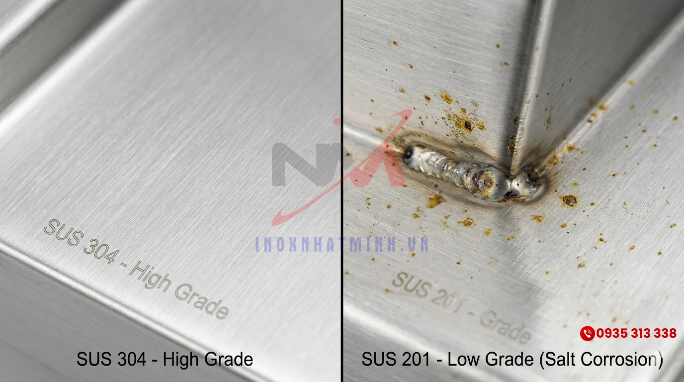 So sánh bề mặt lò nướng inox 304 chống rỉ sét và inox 201 bị hoen ố do muối mặn