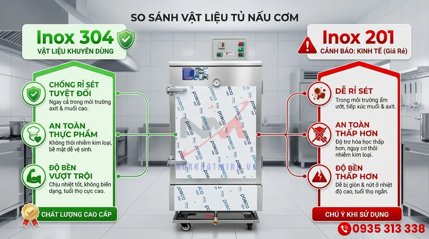 So sánh chất lượng tủ nấu cơm công nghiệp Inox 304 và Inox 201
