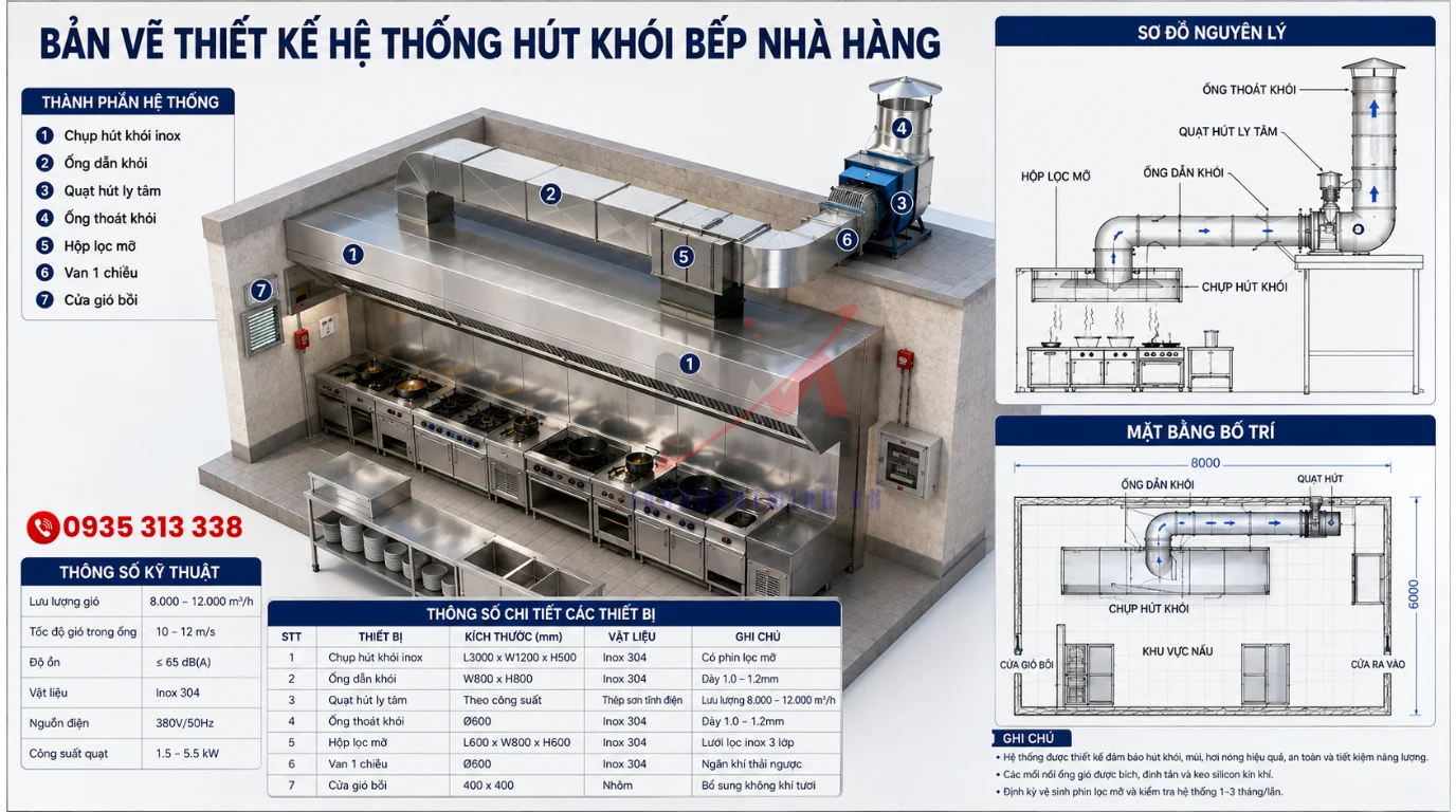 Bản vẽ kỹ thuật 3D của toàn bộ hệ thống hút khói bếp công nghiệp