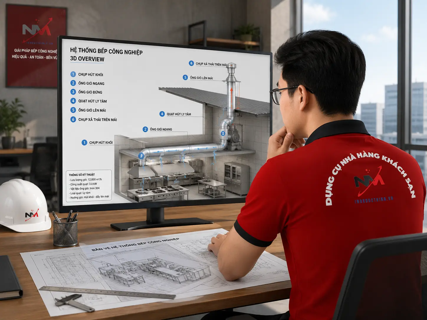 Kỹ sư đang xem xét bản vẽ kỹ thuật 3D của toàn bộ hệ thống bếp công nghiệp