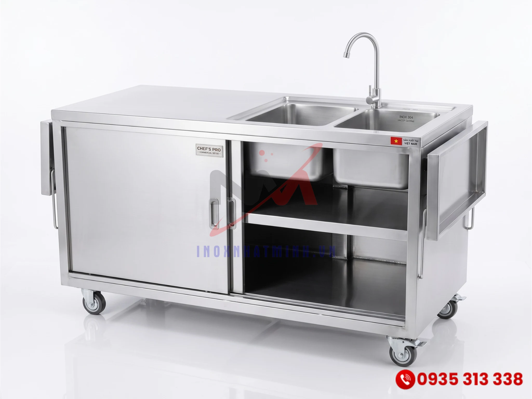 Tủ bếp inox 304 tích hợp chậu rửa công nghiệp đa năng cho khu vực sơ chế thực phẩm