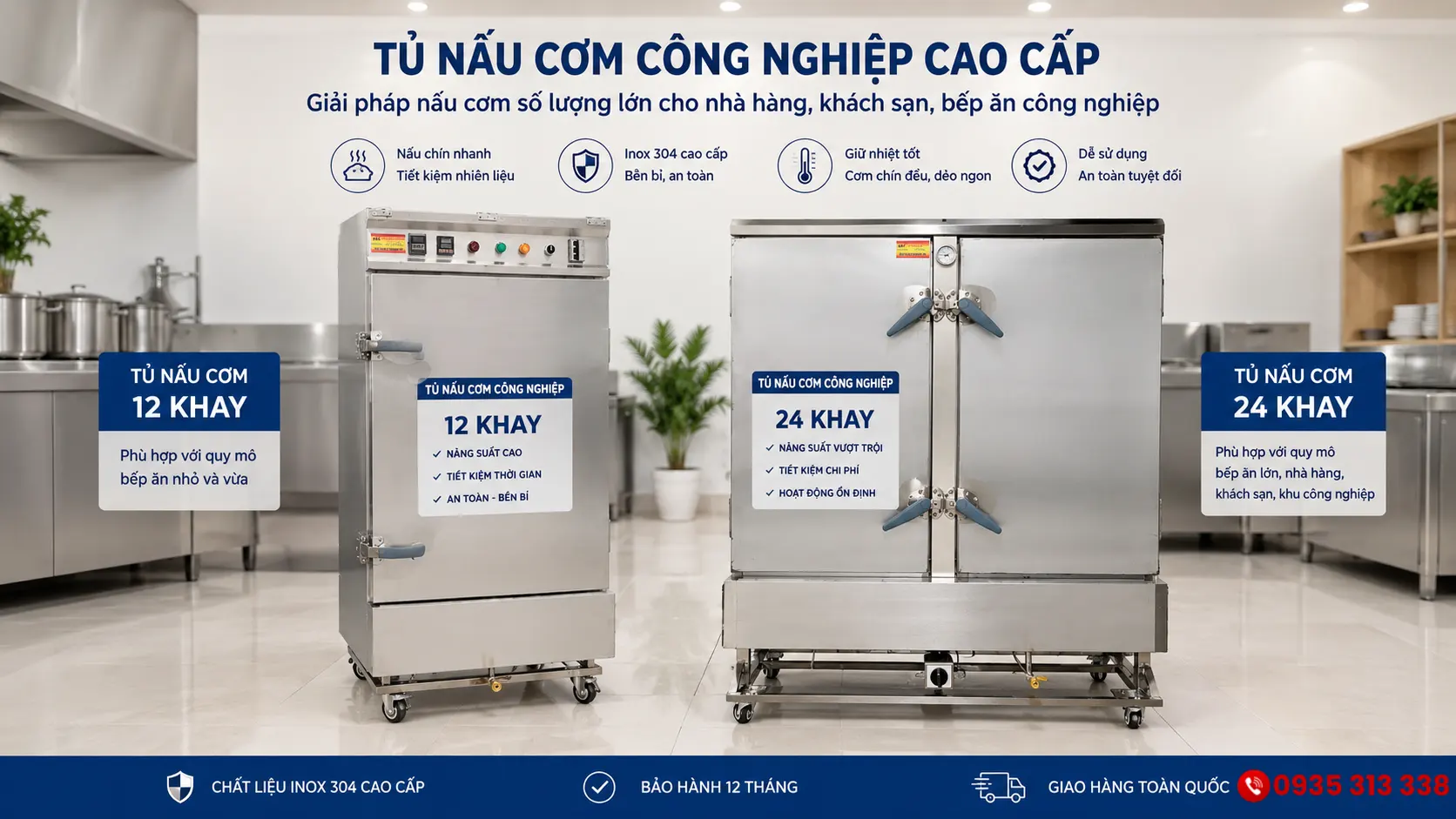 Tủ nấu cơm Inox Nhật Minh cấu hình 12 khay và 24 khay