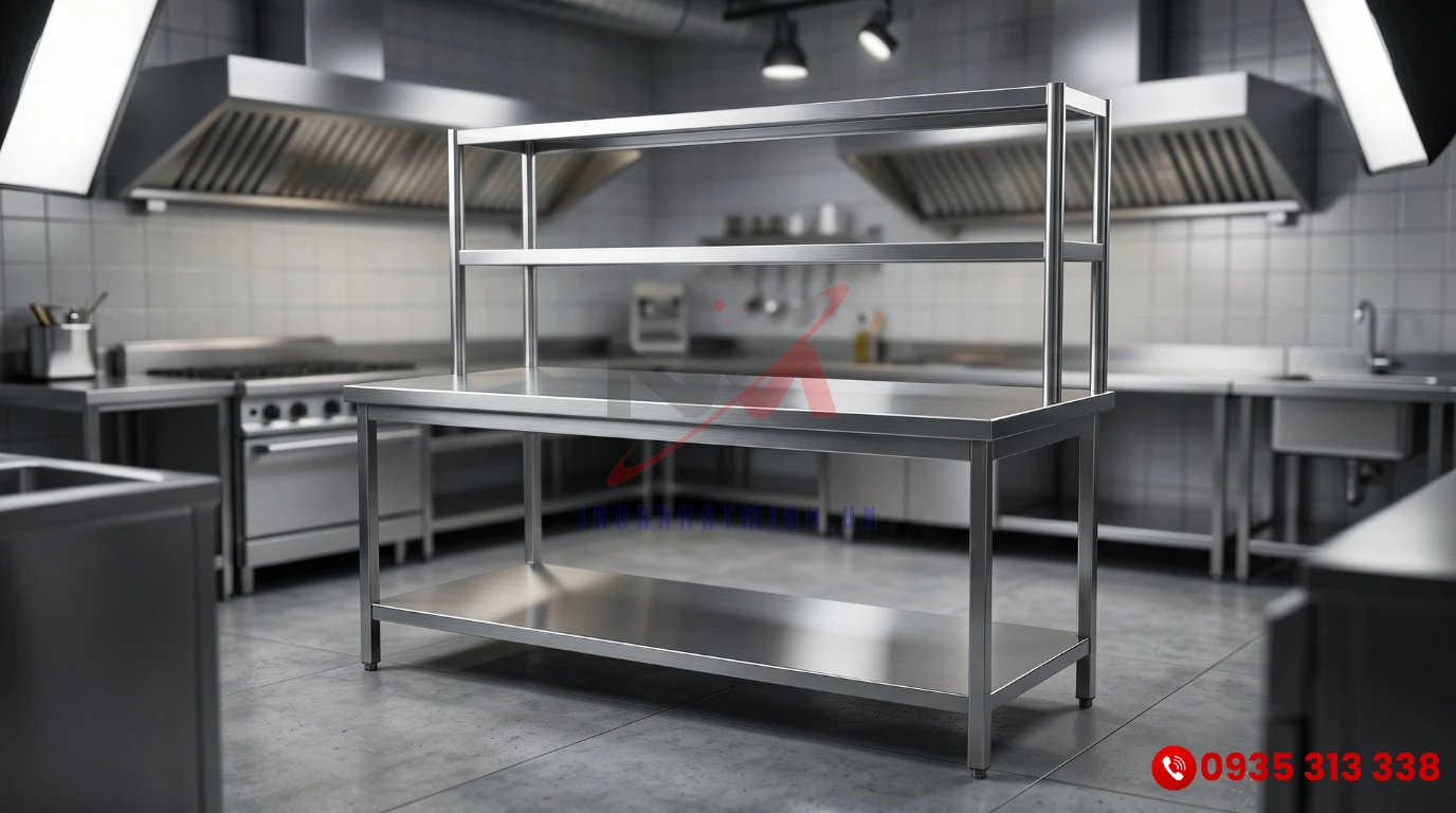 Bàn bếp inox 2 tầng có kệ phẳng trên gia công bằng inox 304 cao cấp sáng bóng