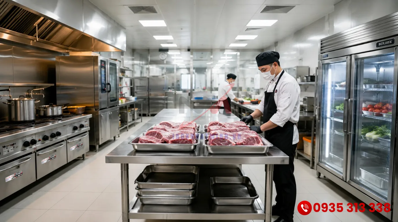 Đầu bếp tiến hành rã đông thực phẩm an toàn trên bàn sơ chế inox tại khu bếp công nghiệp