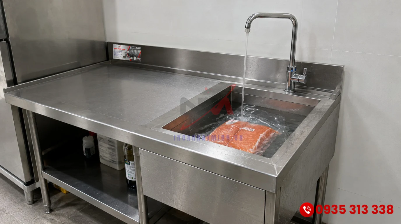 Áp dụng phương pháp rã đông bằng vòi nước chảy liên tục trên bàn sơ chế inox tích hợp chậu rửa