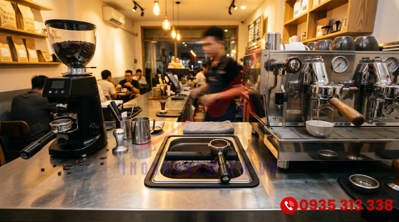 Bố trí máy xay hạt và máy pha Espresso chuẩn xác trên mặt quầy pha chế inox