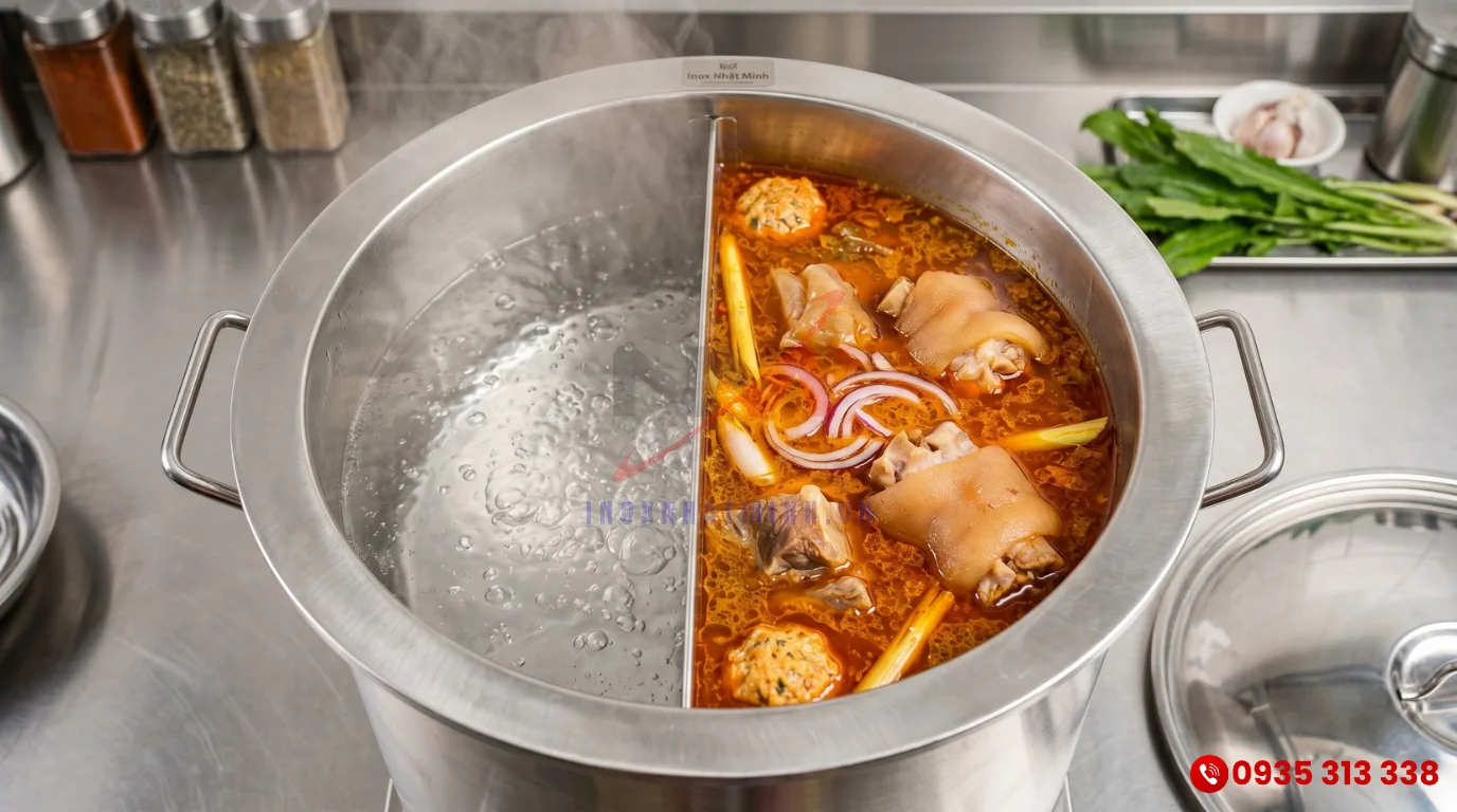 Phân bổ dung tích Nồi Nấu Phở 2 Ngăn với một bên trụng bánh phở và một bên hầm nước lèo bún bò