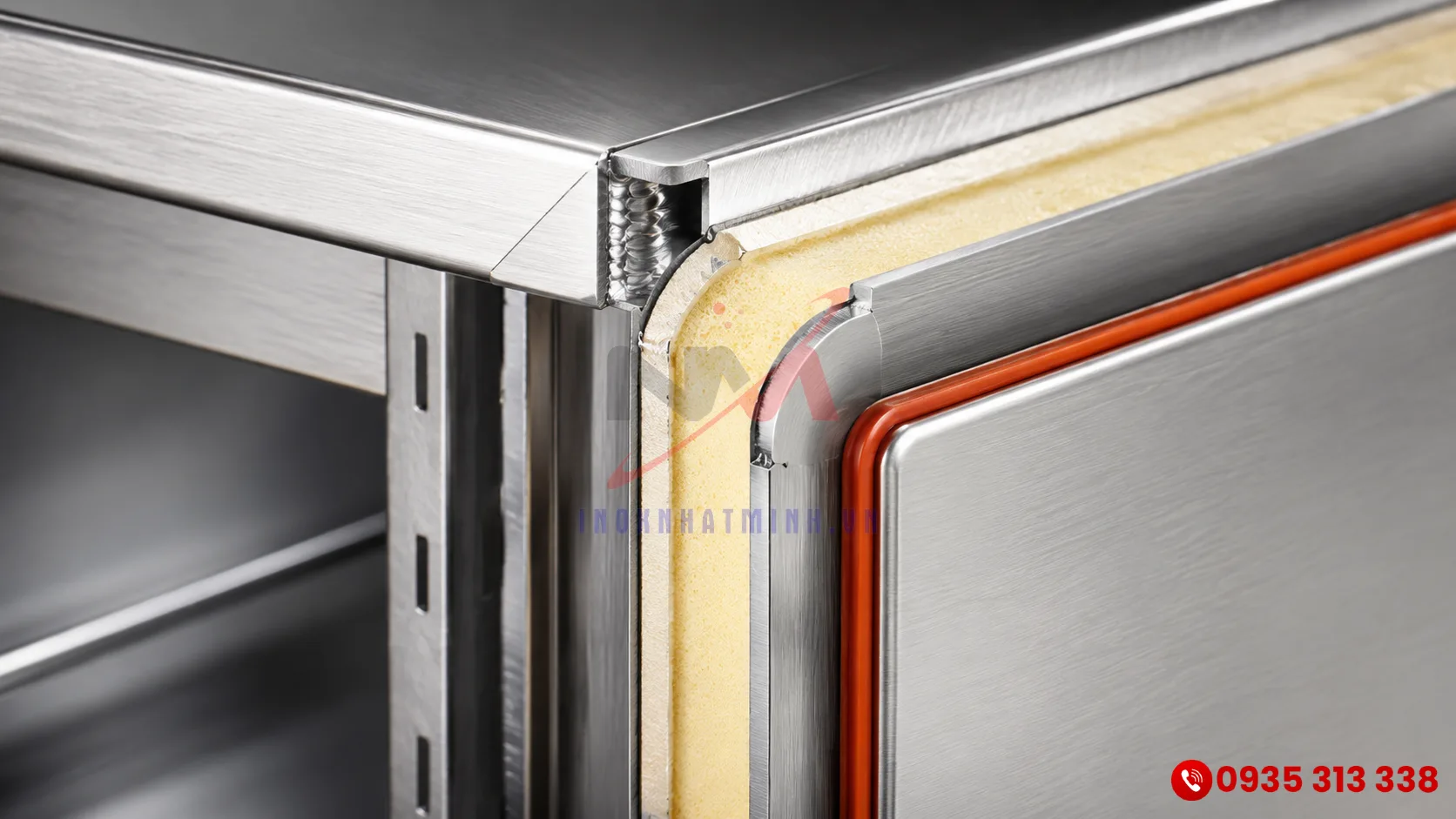 Cấu tạo 2 lớp inox 304 và foam cách nhiệt của tủ nấu cơm công nghiệp cao cấp