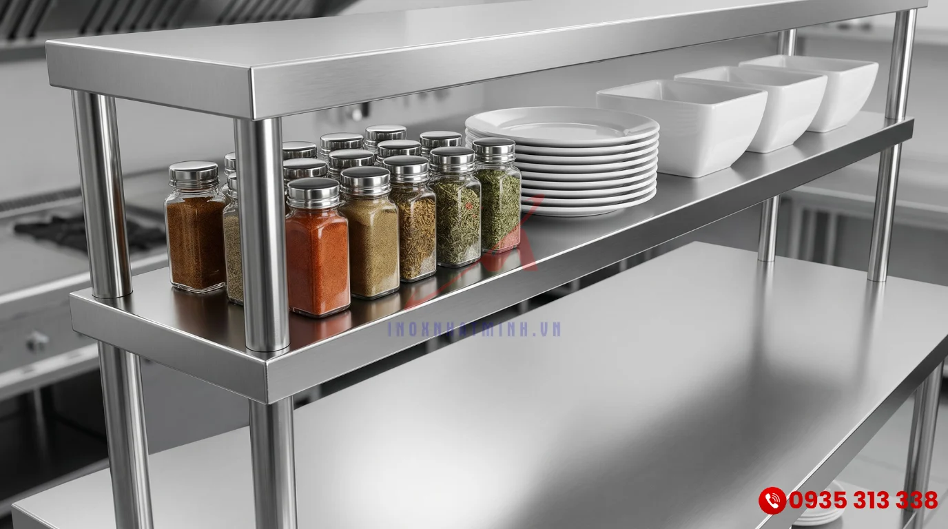 Chi tiết kệ phẳng phía trên của bàn bếp inox dùng để đựng gia vị và dụng cụ làm bếp