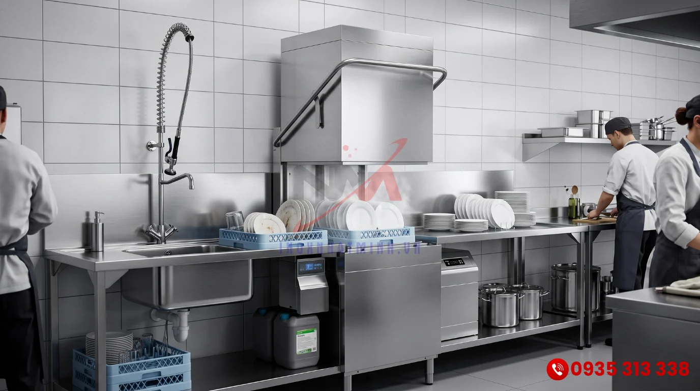 Máy rửa chén Winterhalter P50 thiết kế cửa sập hiện đại đặt trong khu bếp công nghiệp