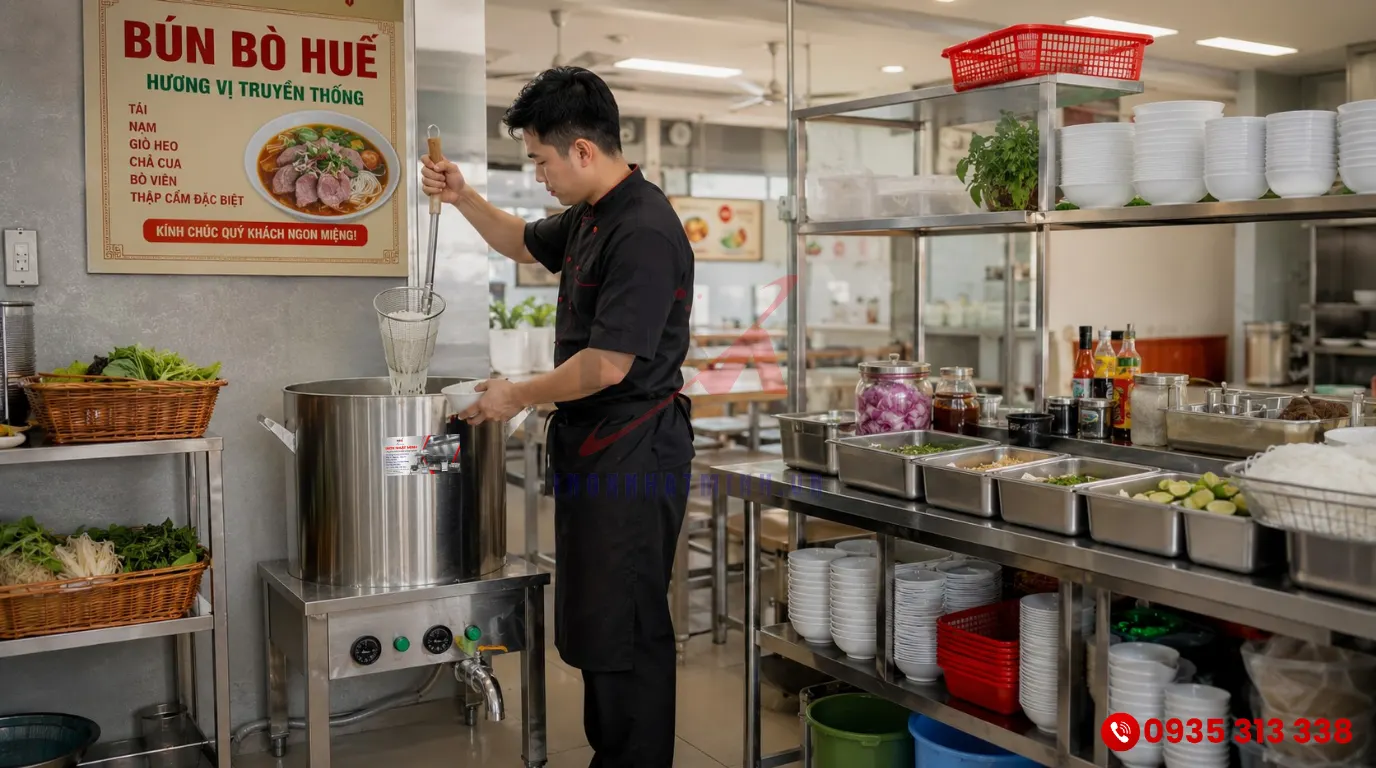 Đầu bếp thao tác nhanh chóng và chuyên nghiệp trên Nồi Nấu Phở 2 Ngăn tại quán
